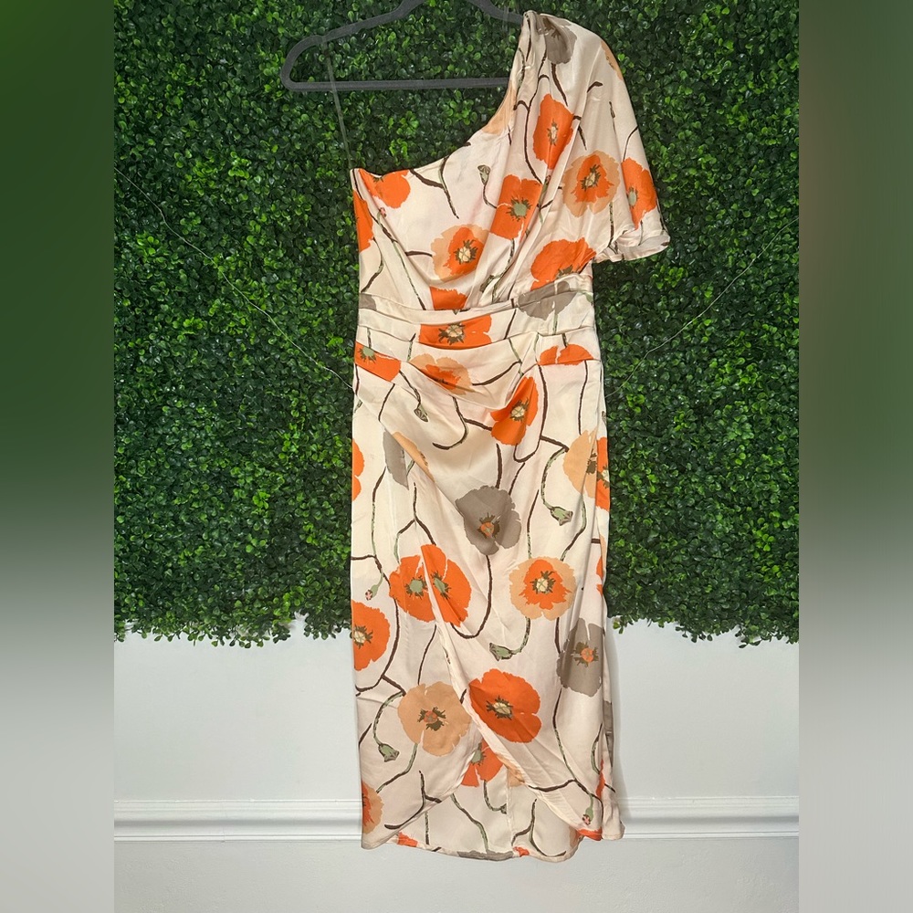 NWTS Orange and Cream Floral One Shoulder Cocktail dress Size Small